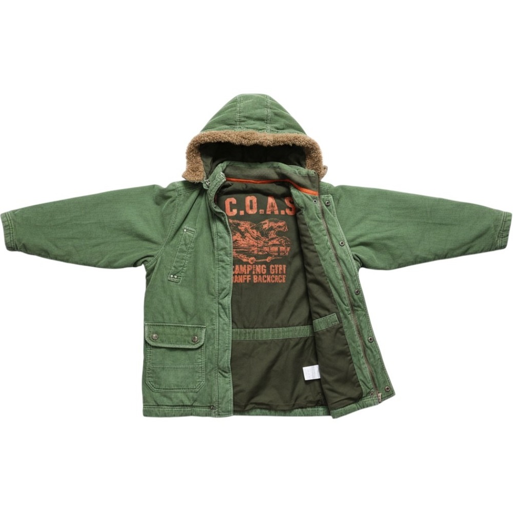 COAX Men's Green Corduroy Parka Jacket Faux Fur Hood Camping Banff Graphic Siz M